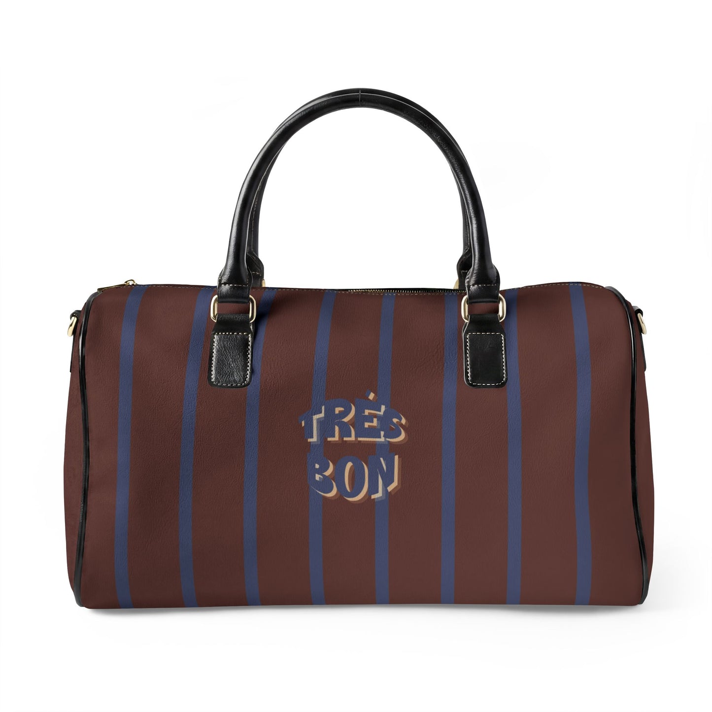 Brown duffel bag with blue stripes and 'Tres Bon' text on a white background