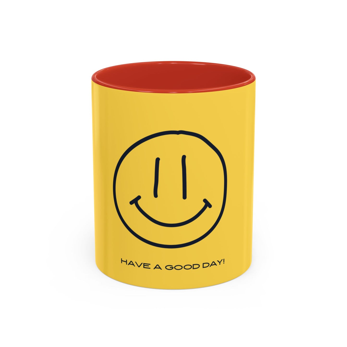 Yellow mug with smiley face and 'Have a good day!' text on a white background
