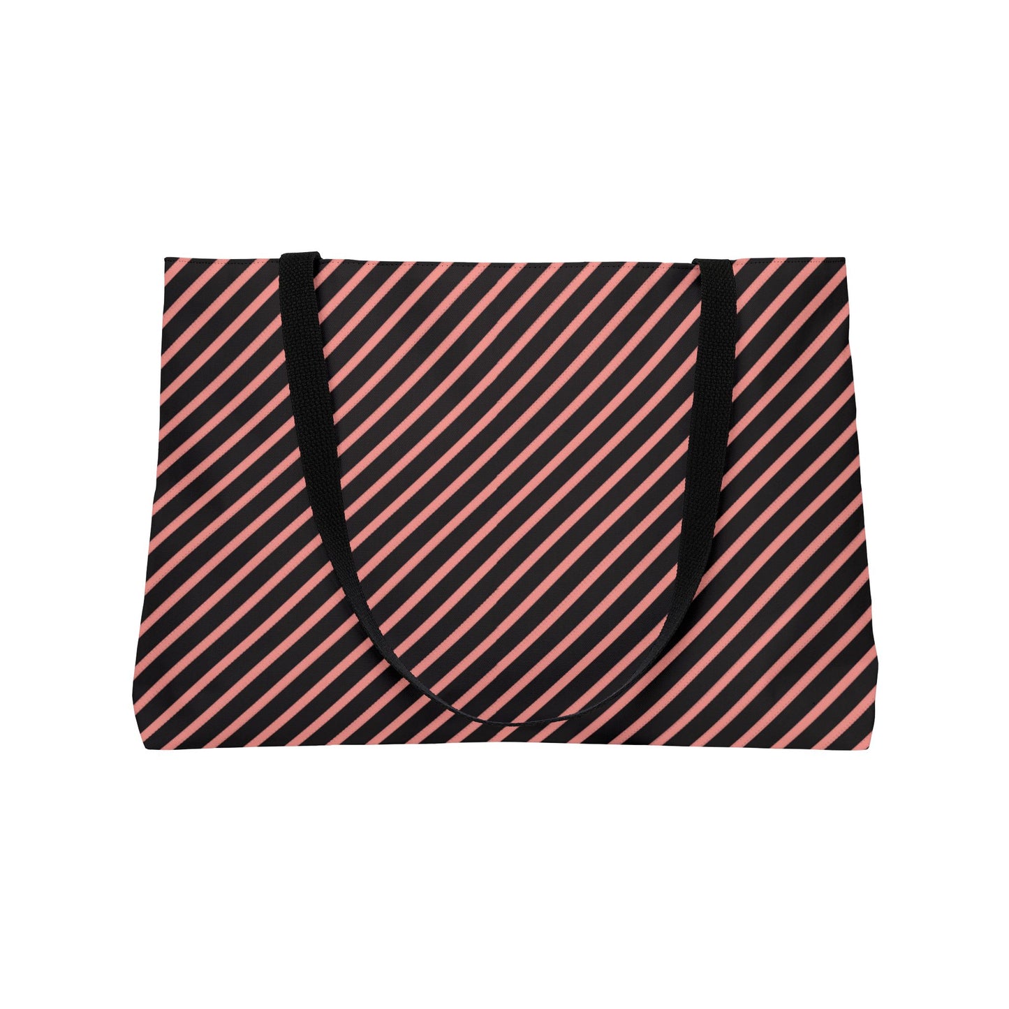 Tote bag with black and pink diagonal stripes on a white background
