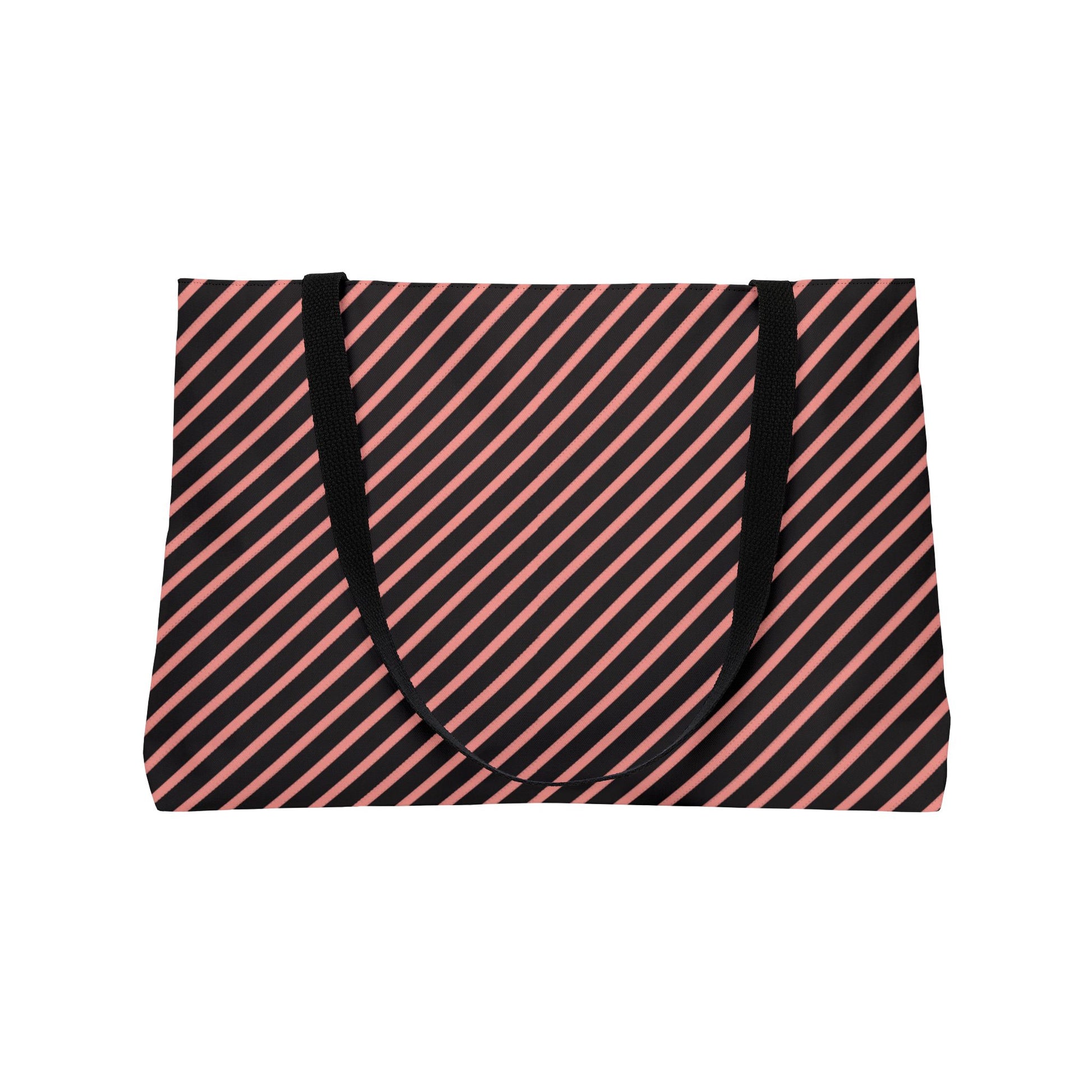 Tote bag with black and pink diagonal stripes on a white background