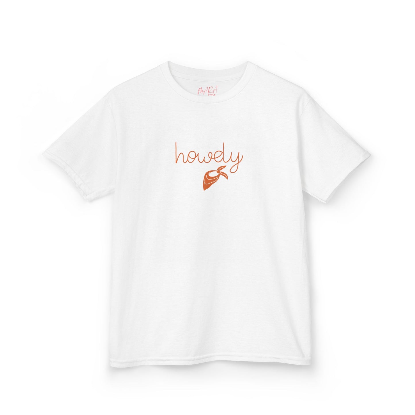 White t-shirt with 'howdy' and a leaf graphic on a white background