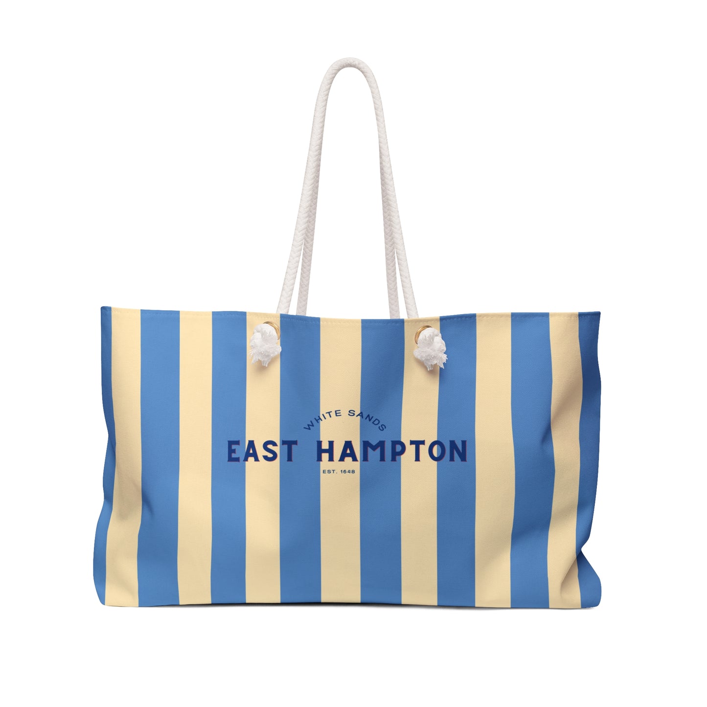 Striped beach bag with 'East Hampton' text on a white background