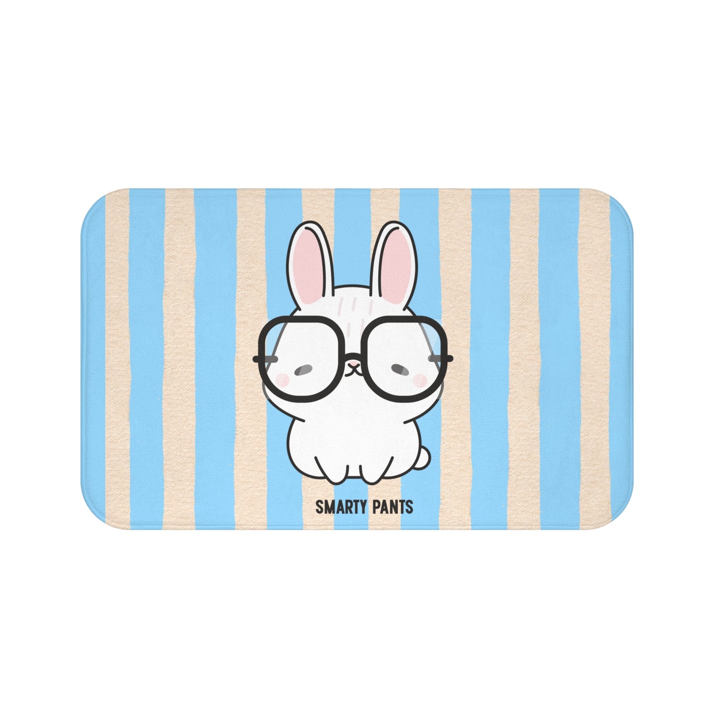 Cartoon rabbit with glasses on a blue and beige striped bath mat