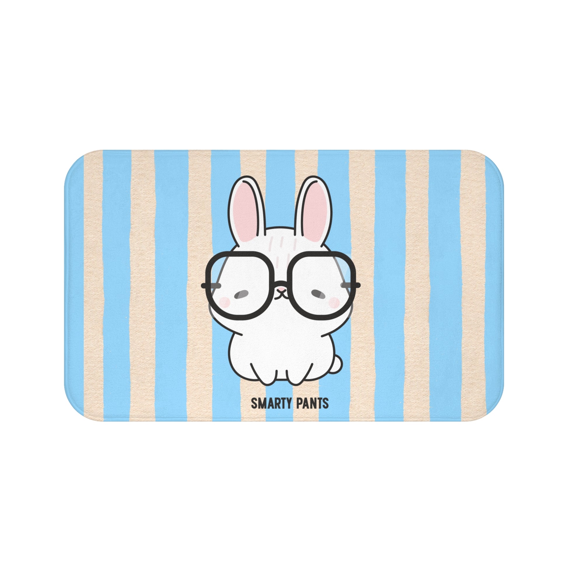 Cartoon rabbit with glasses on a blue and beige striped bath mat
