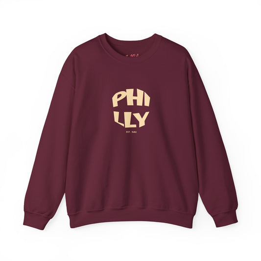 Maroon sweatshirt with 'PHILLY' print on a white background