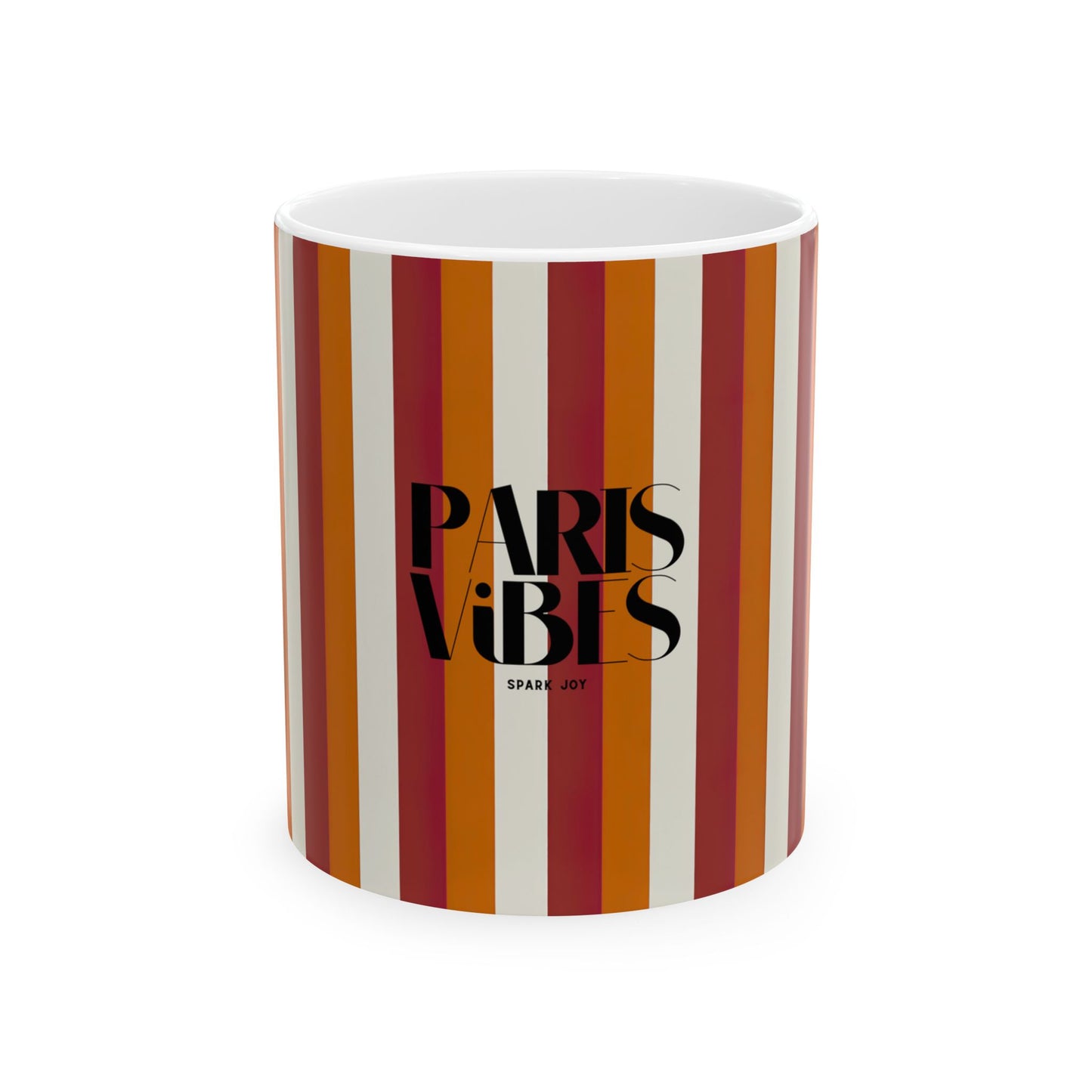 Mug with striped design and 'Paris Vibes' text on a white background
