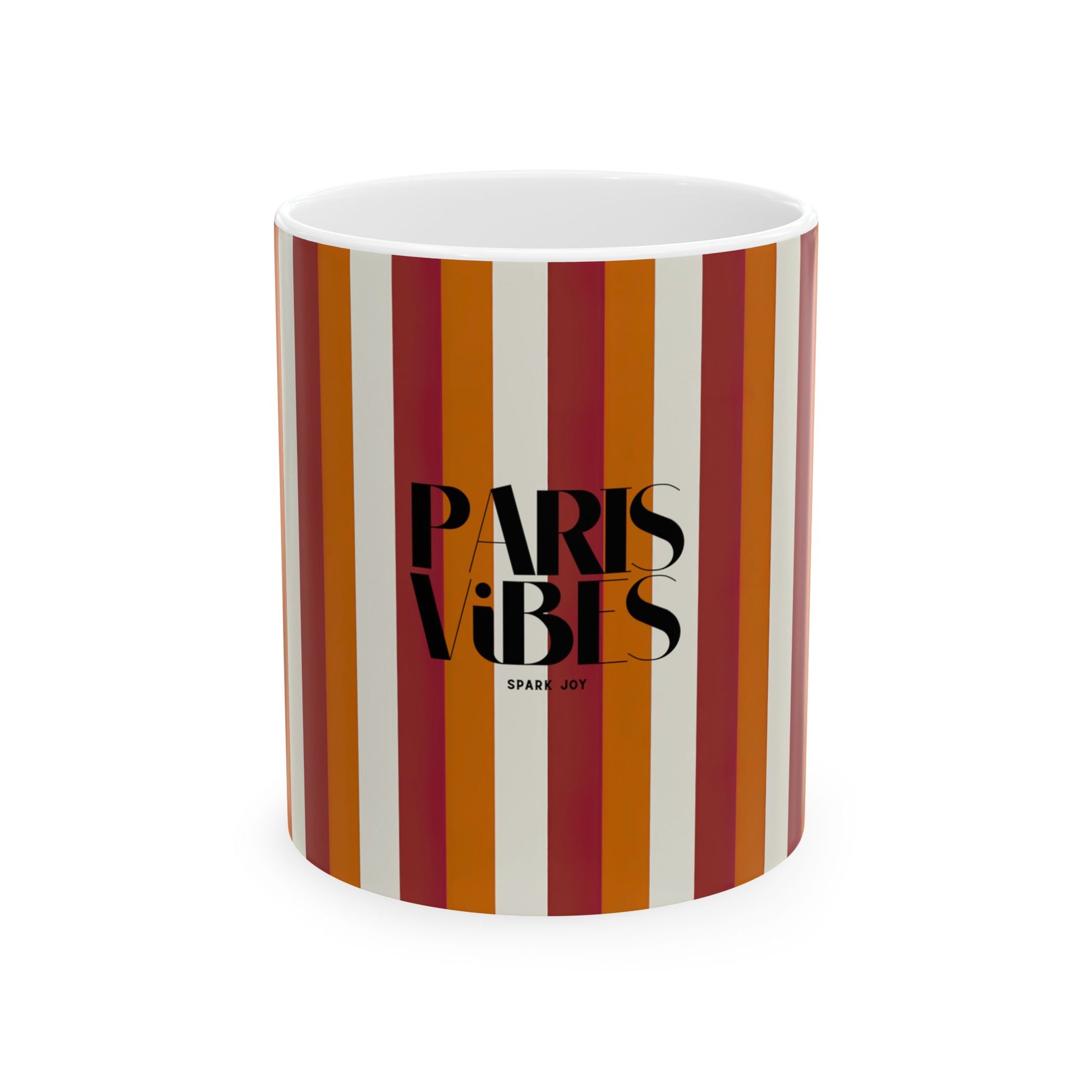 Mug with striped design and 'Paris Vibes' text on a white background
