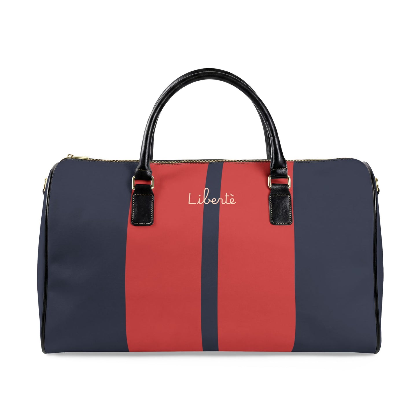 Navy and red duffel bag with 'Liberté' branding on a white background