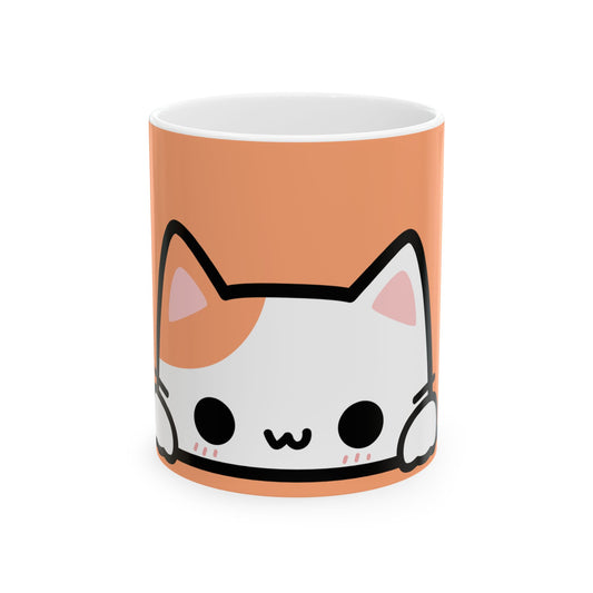 Mug with a cat face design on an orange background