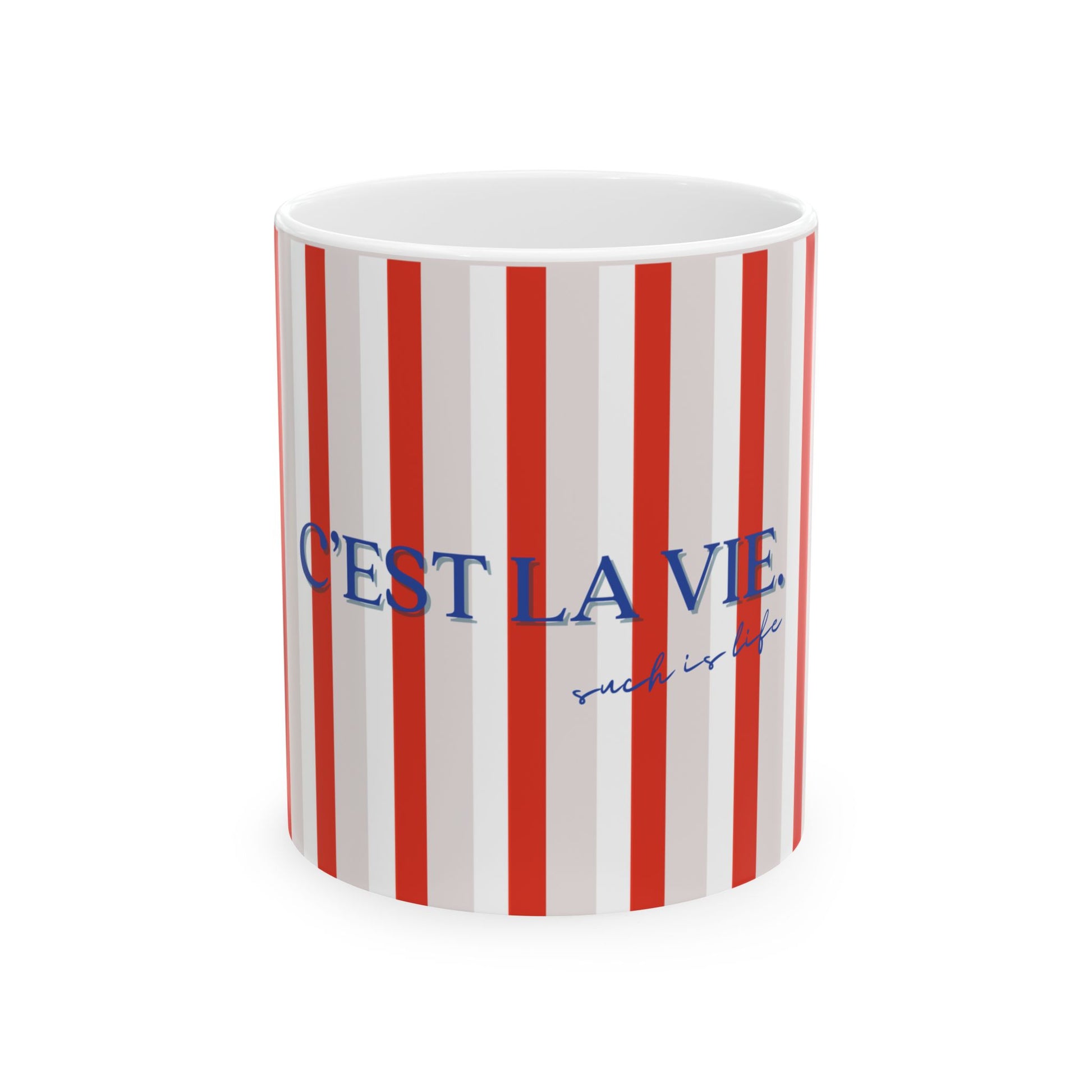 Mug with red and white stripes and blue text on a white background