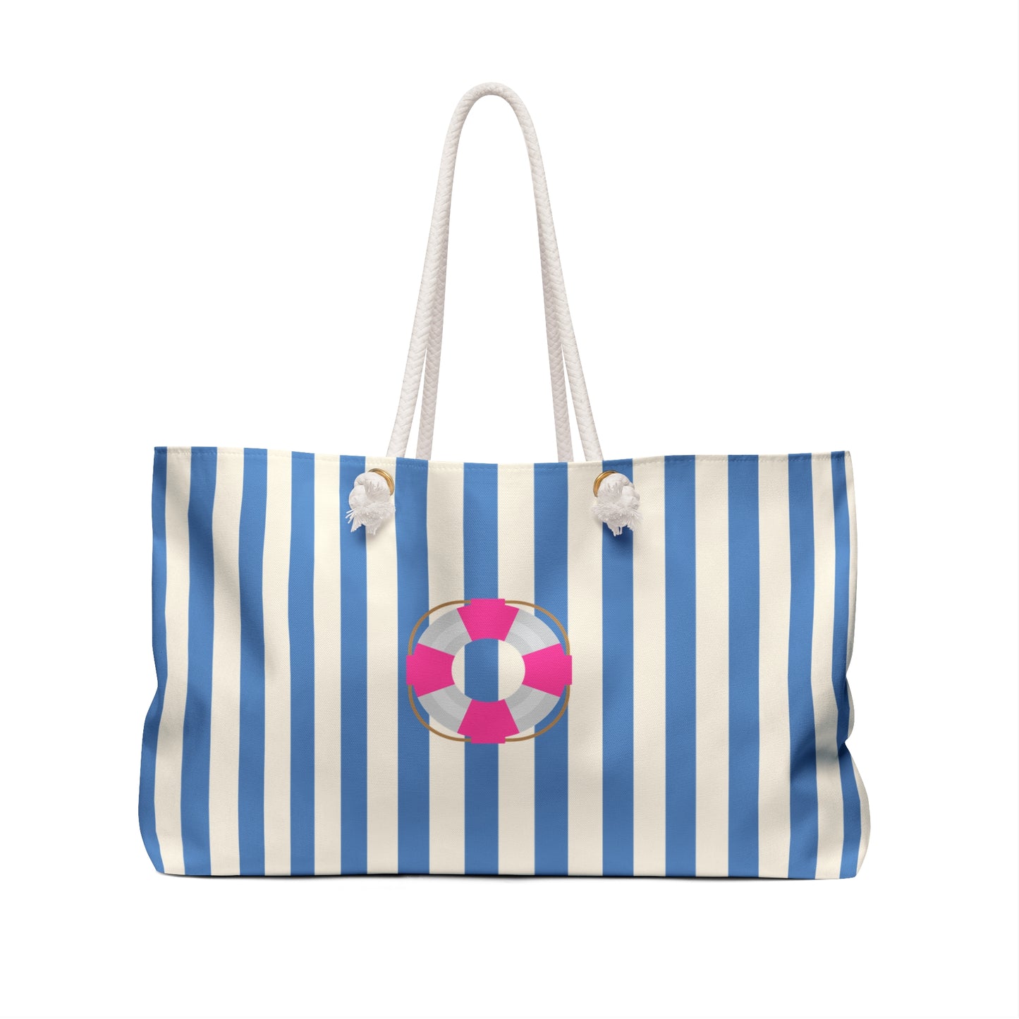 Blue and white striped bag with a life buoy design on a white background