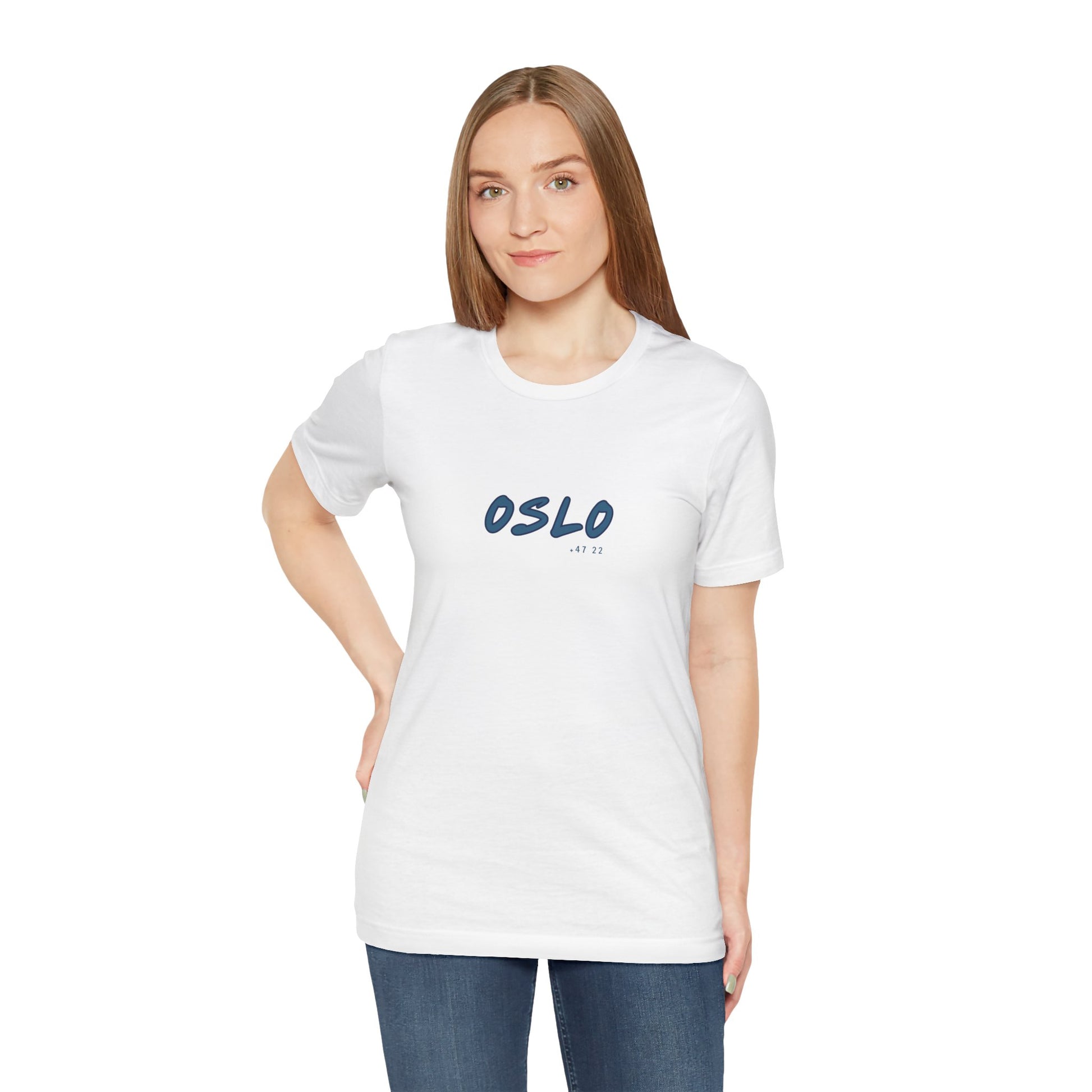 Woman wearing a white t-shirt with 'OSLO' printed on it against a white background