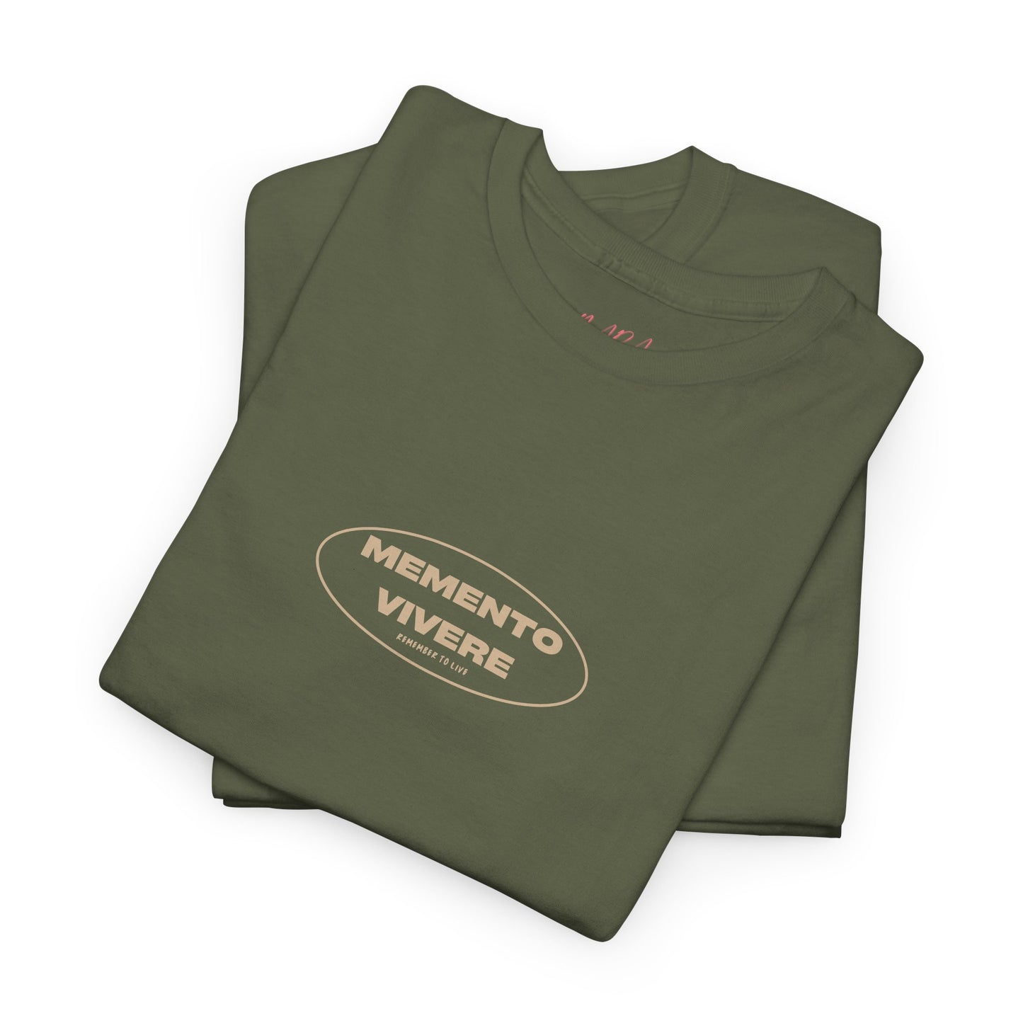 Folded green t-shirt with 'Memento Vivere' logo on a white background