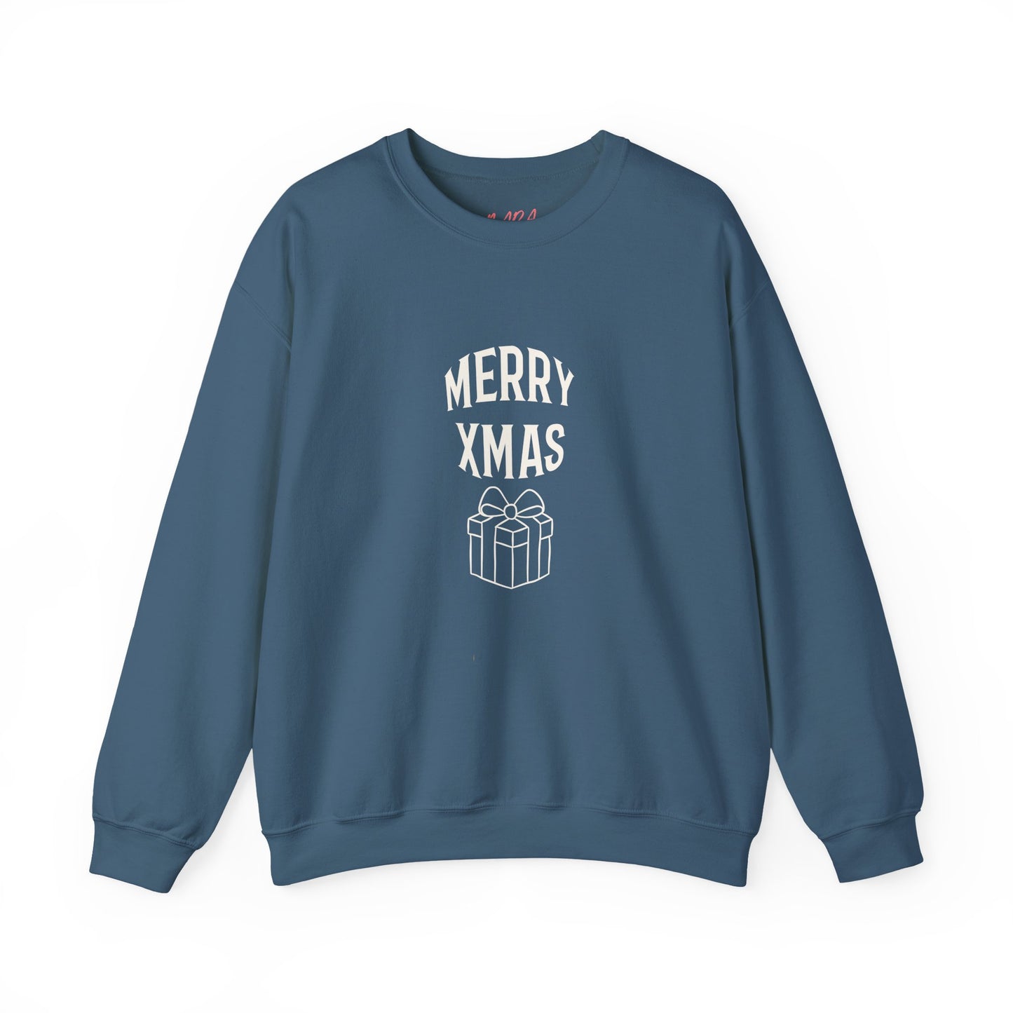 Blue sweatshirt with 'Merry Xmas' and gift graphic on a white background