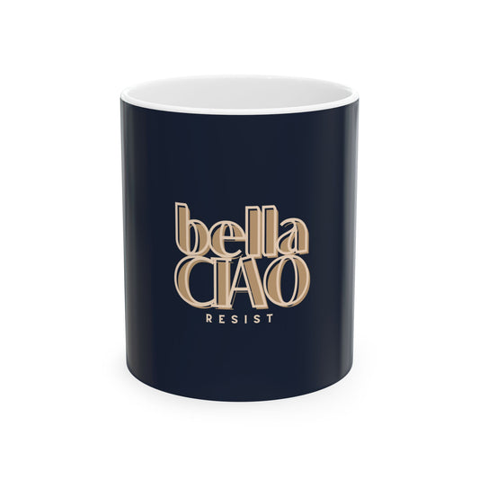 Navy mug with 'bella CIAO RESIST' text on a white background