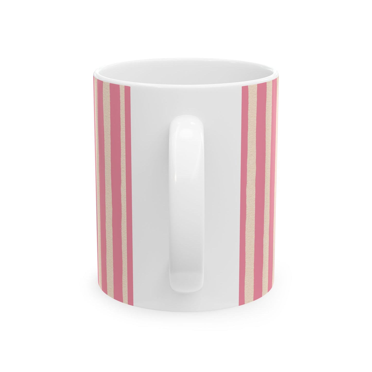 White mug with pink stripes on a white background