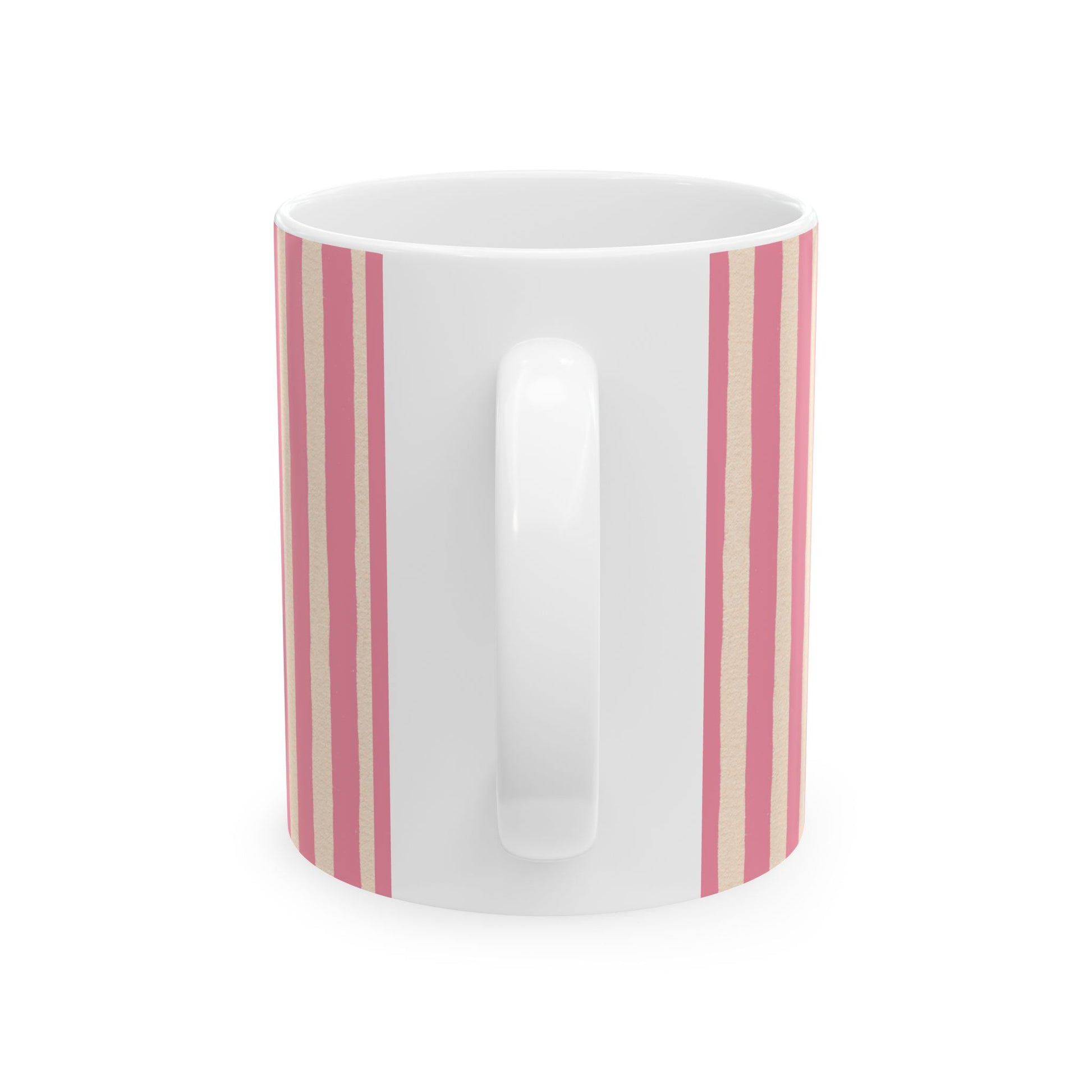 White mug with pink stripes on a white background