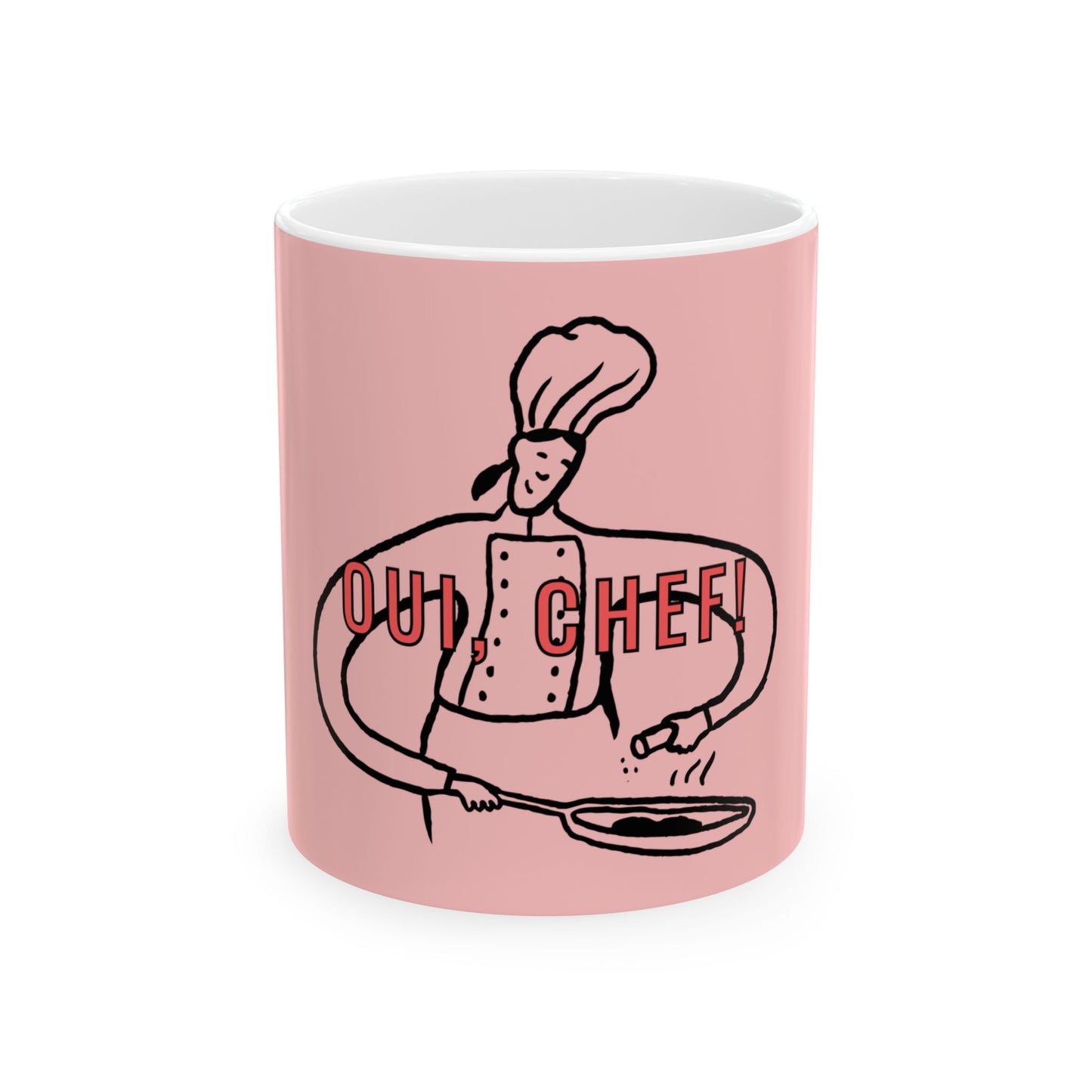 Pink mug with a chef illustration and 'Oui, Chef!' text on a white background