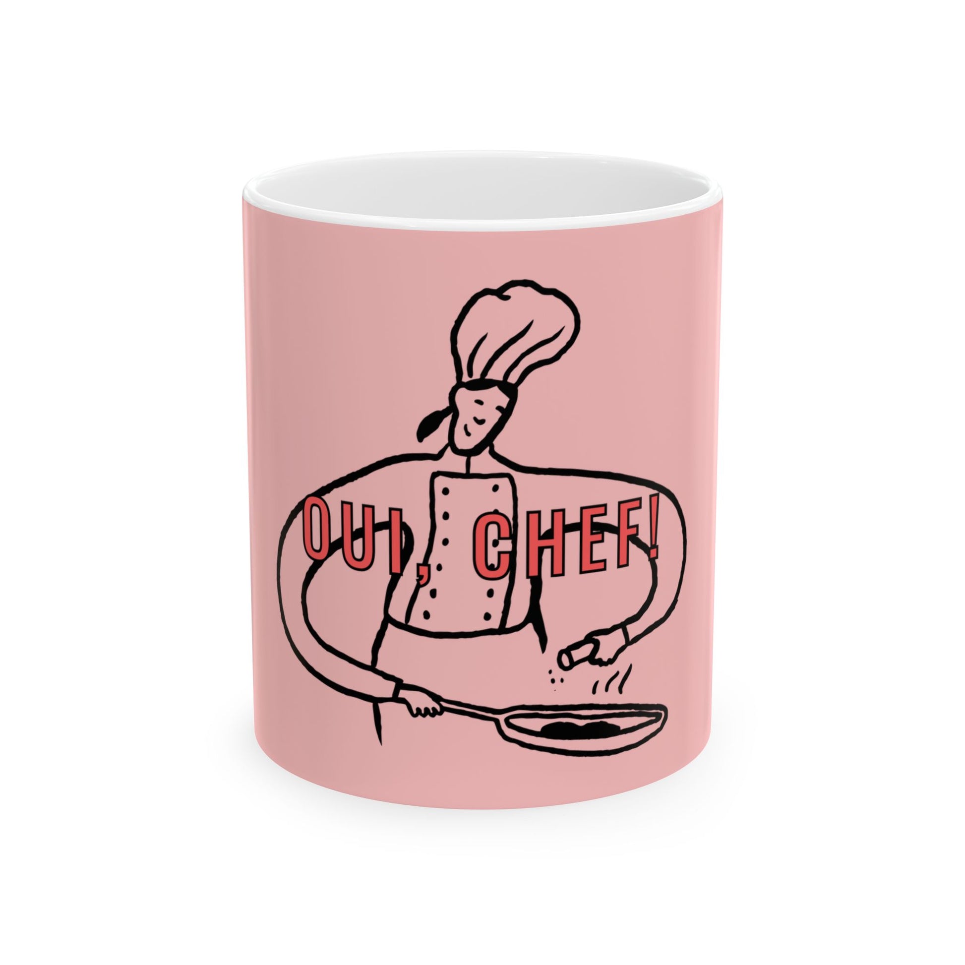 Pink mug with a chef illustration and 'Oui, Chef!' text on a white background