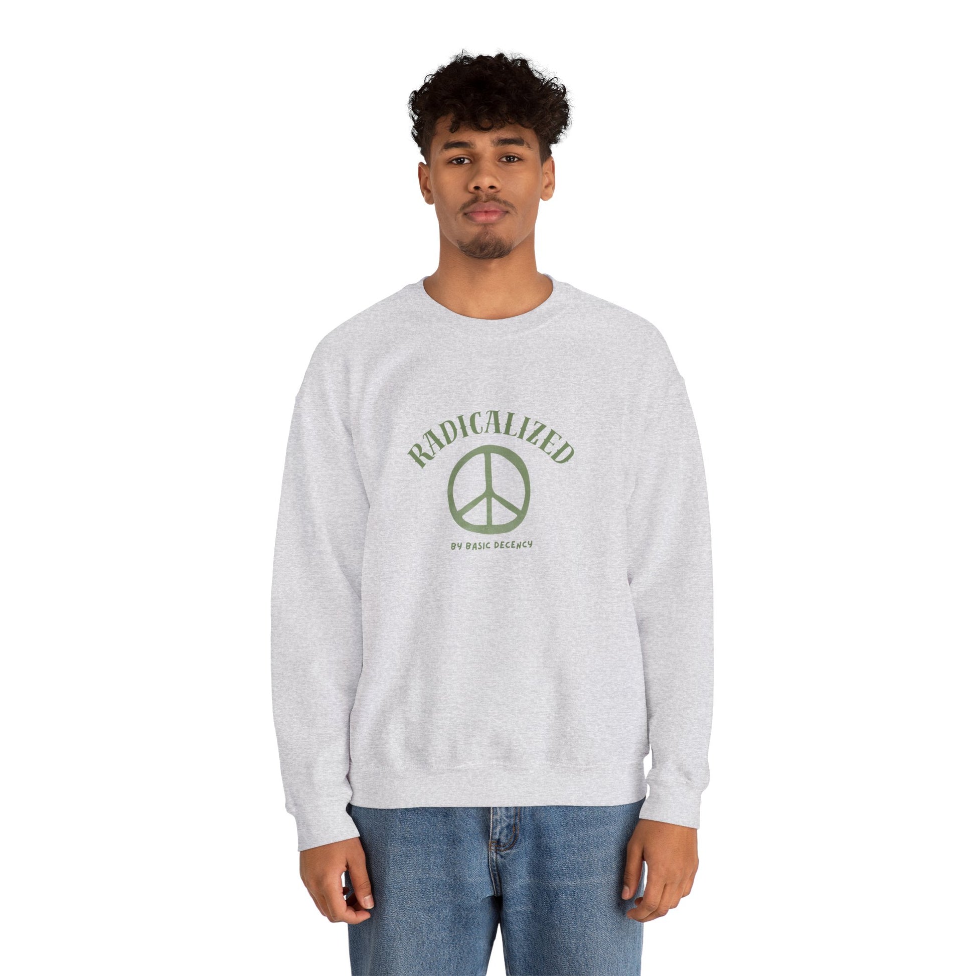 Person wearing a gray sweatshirt with a peace symbol design on a white background