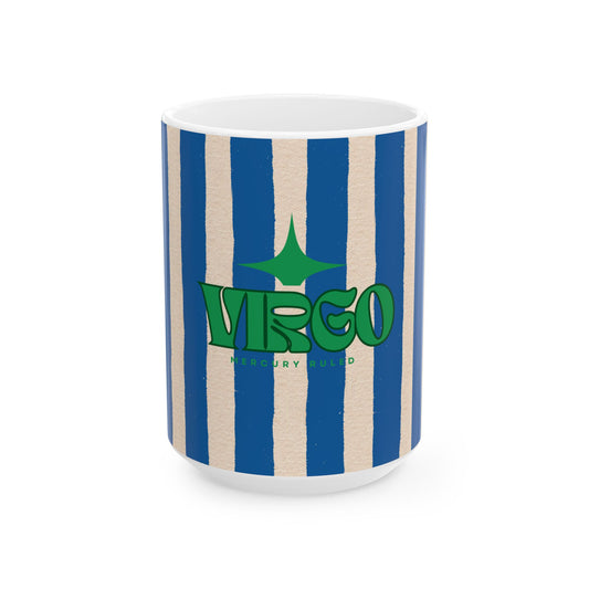 Mug with blue and beige striped pattern and 'Virgo' text on a white background