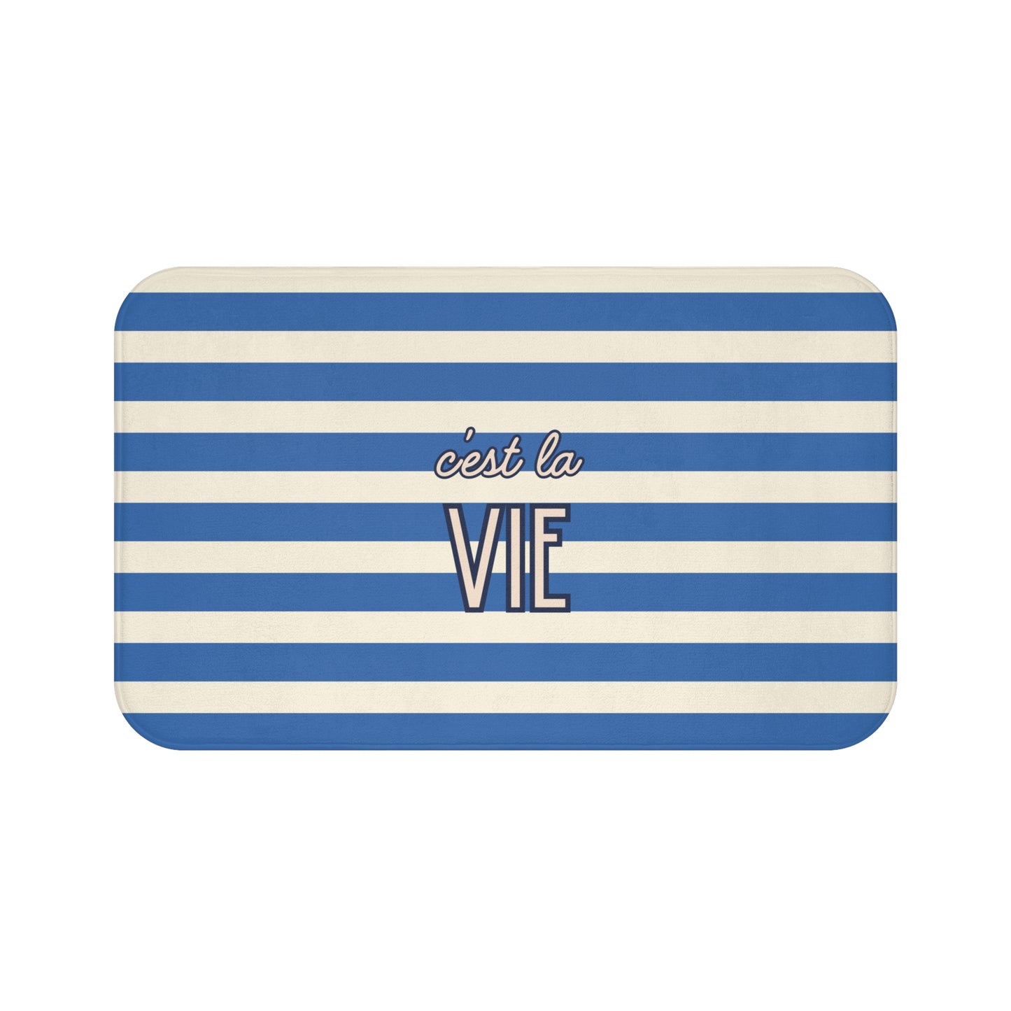 C'est la Vie Blue Striped Bath Mat — Nautical French Quote Bathroom Rug