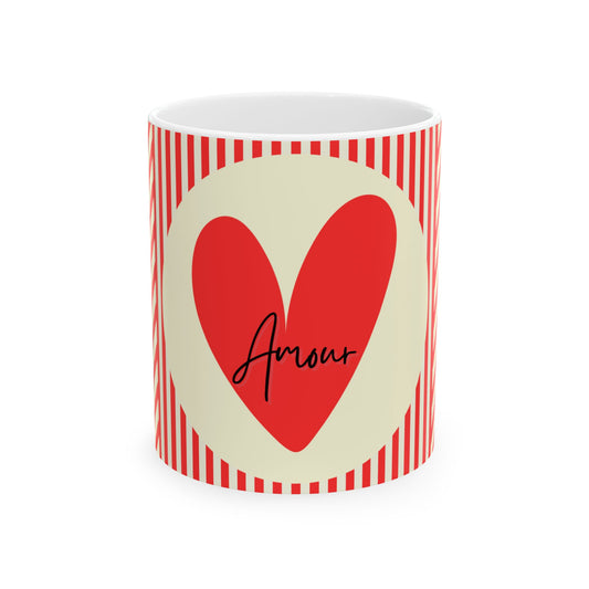 Mug with red heart and 'Amour' text on a white background