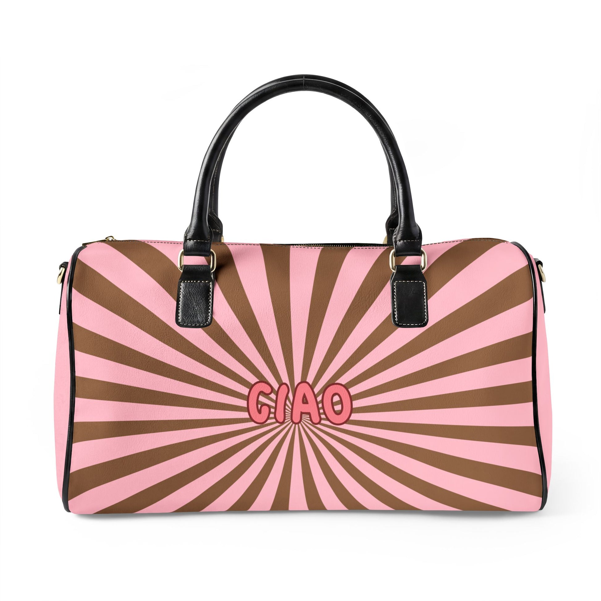 Duffle bag with pink and brown sunburst pattern and 'GIAO' text on a white background