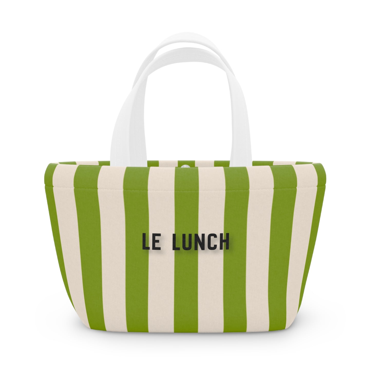 Green and white striped bag with 'LE LUNCH' text on a white background