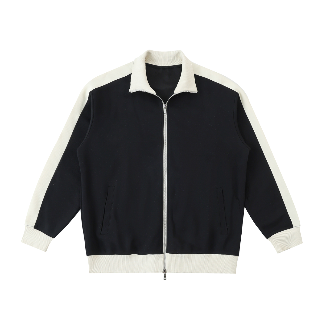 Black jacket with white accents on a white background