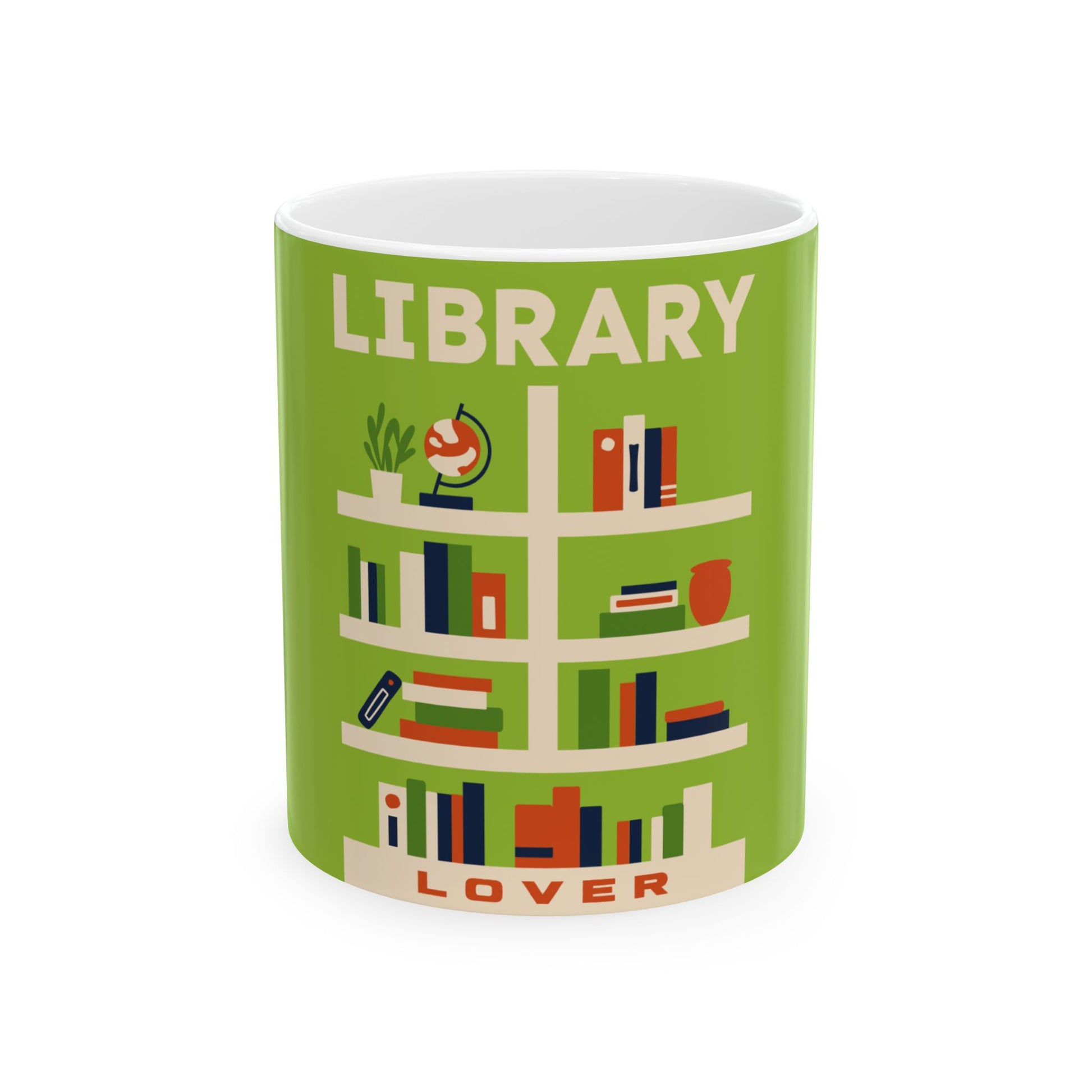 A green ceramic mug featuring a retro-style illustration of a library bookshelf with books, a globe, and a plant, with the words 'LIBRARY LOVER' printed on the front.