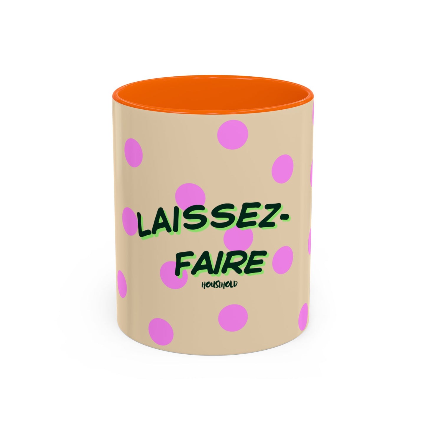 Beige mug with pink polka dots and orange interior, featuring the text 'Laissez-Faire' on a white background.