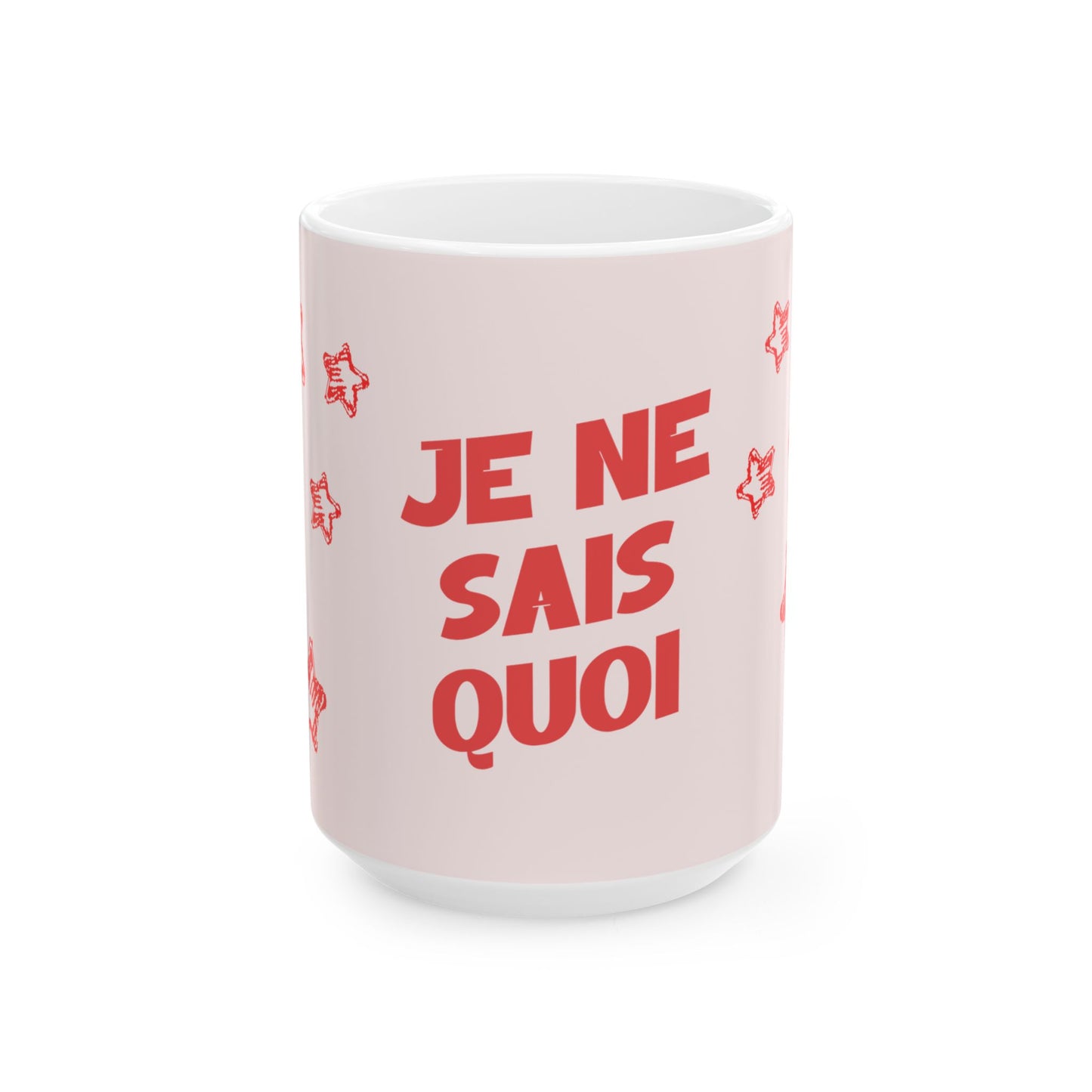 White mug with red text 'JE NE SAIS QUOI' on a white background