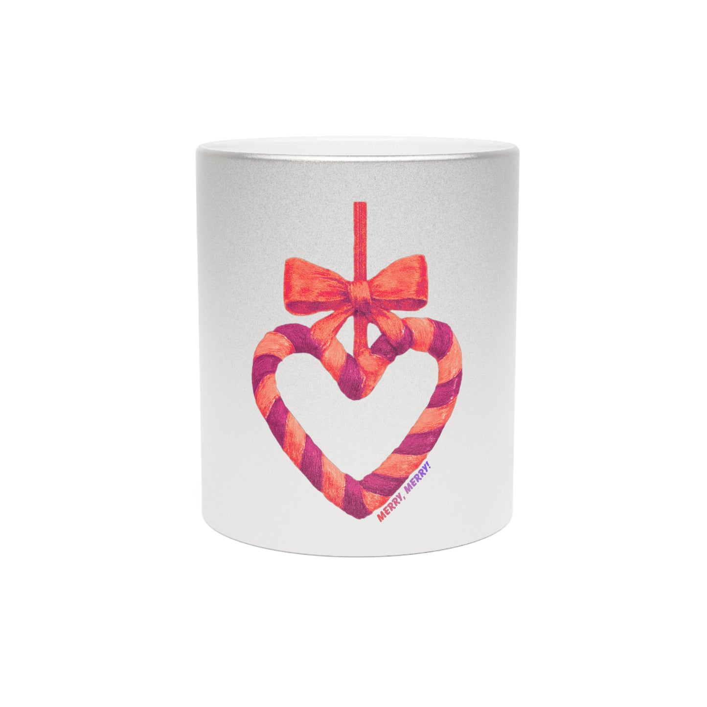 Silver metallic holiday mug with a colorful heart and bow design on a white background