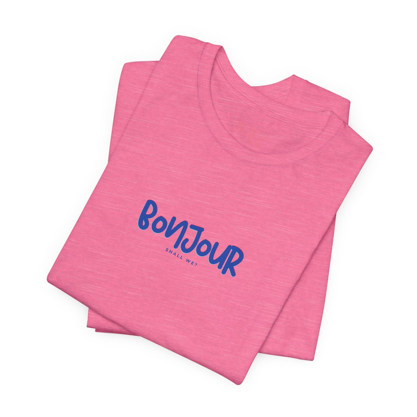 Pink t-shirt with 'Bonjour' text on a white background