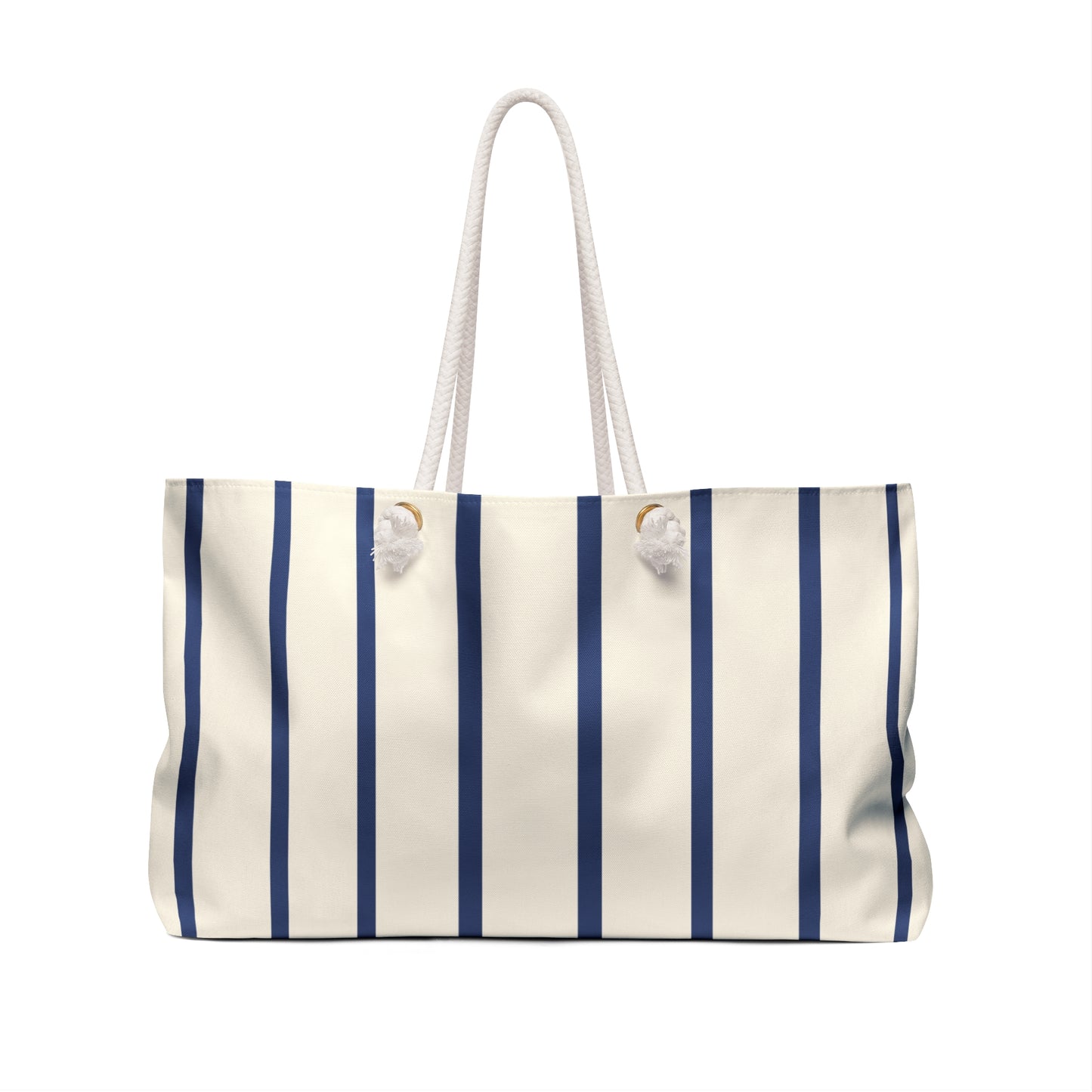 Striped tote bag with blue and white stripes on a white background