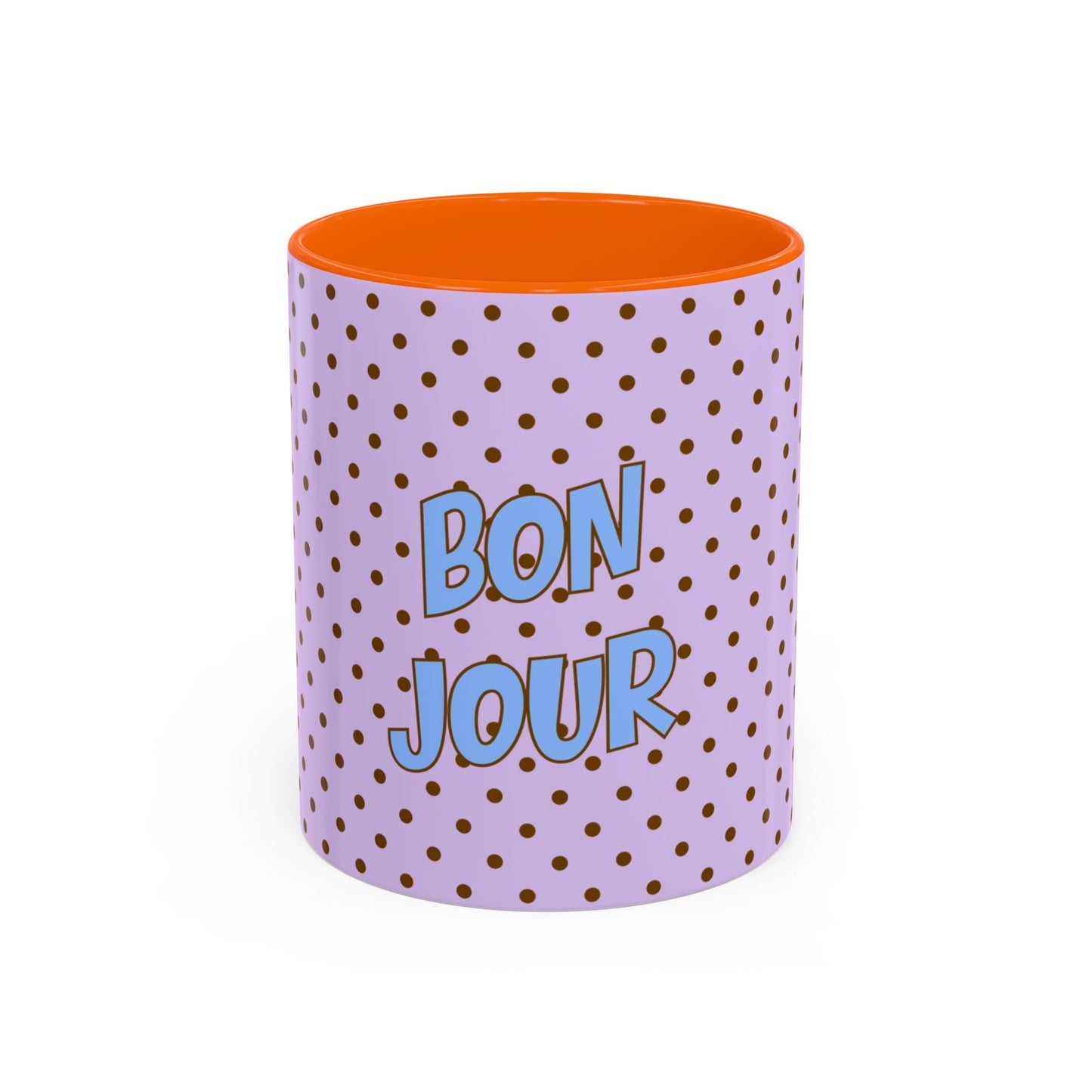 Bonjour Polka Dot Accent Coffee Mug, Lavender, Cute French Café Gift