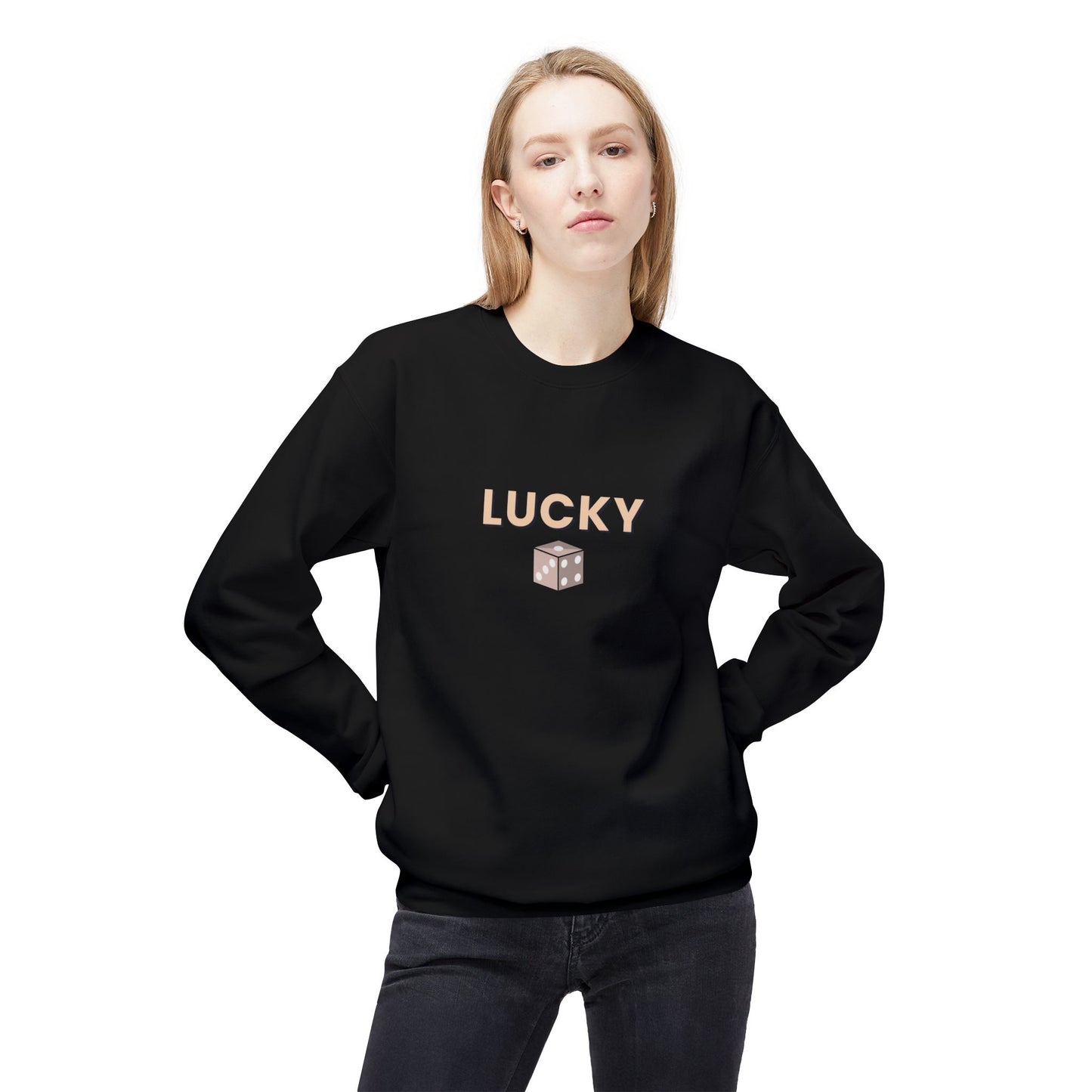 Person wearing a black sweatshirt with 'LUCKY' and a dice graphic on a white background