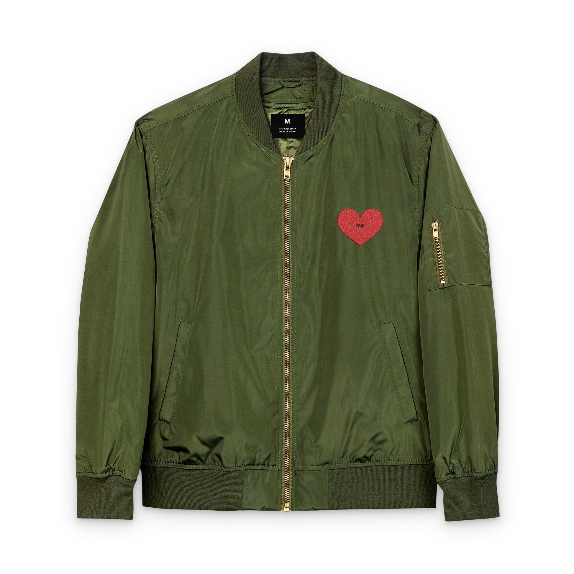 Green bomber jacket with a red heart patch on a white background
