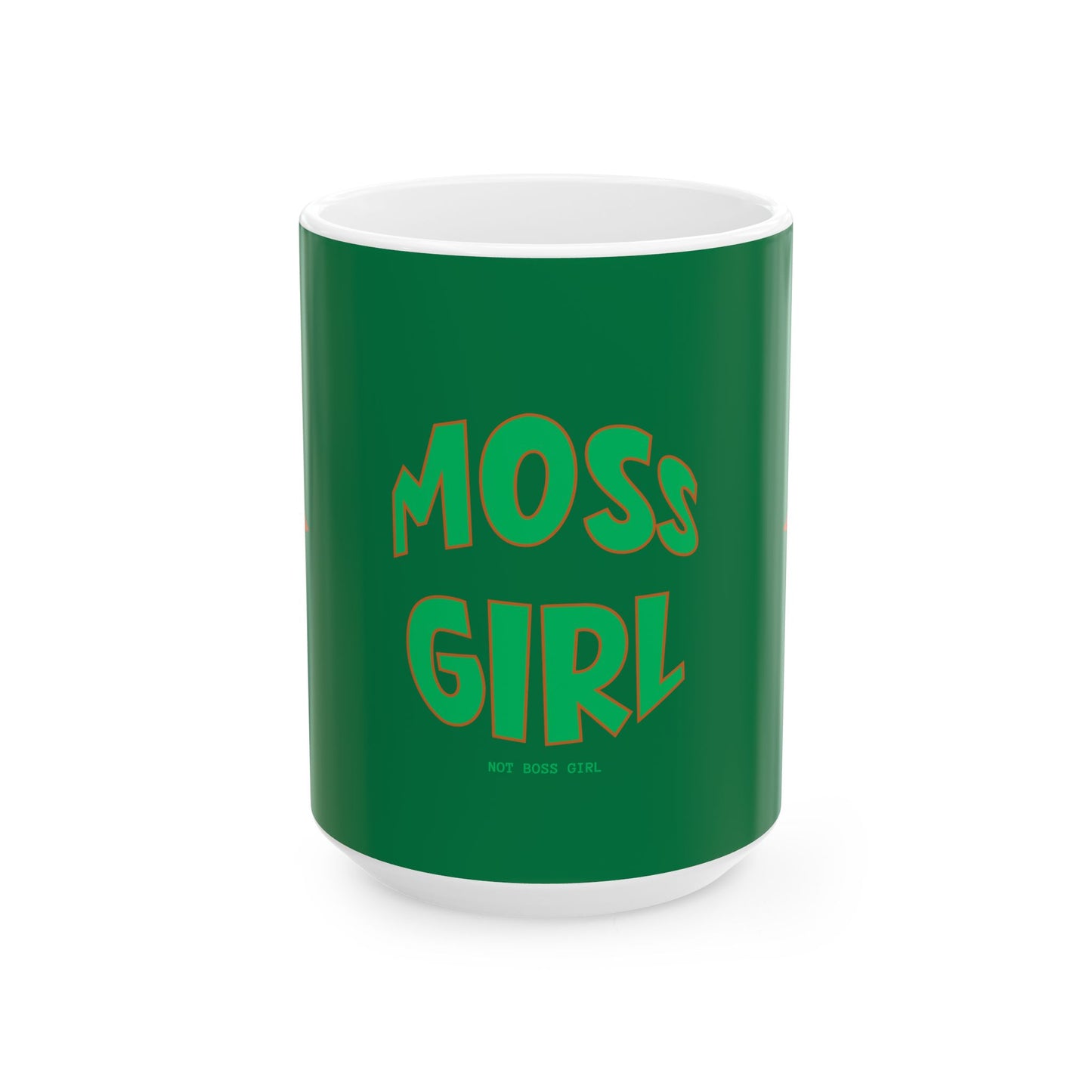 Green mug with 'MOSS GIRL' text on a white background
