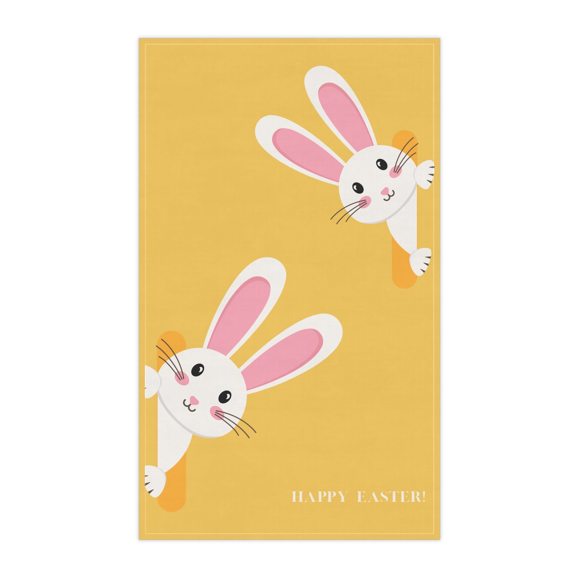 Yellow card with cartoon bunnies and 'Happy Easter' text on a white background