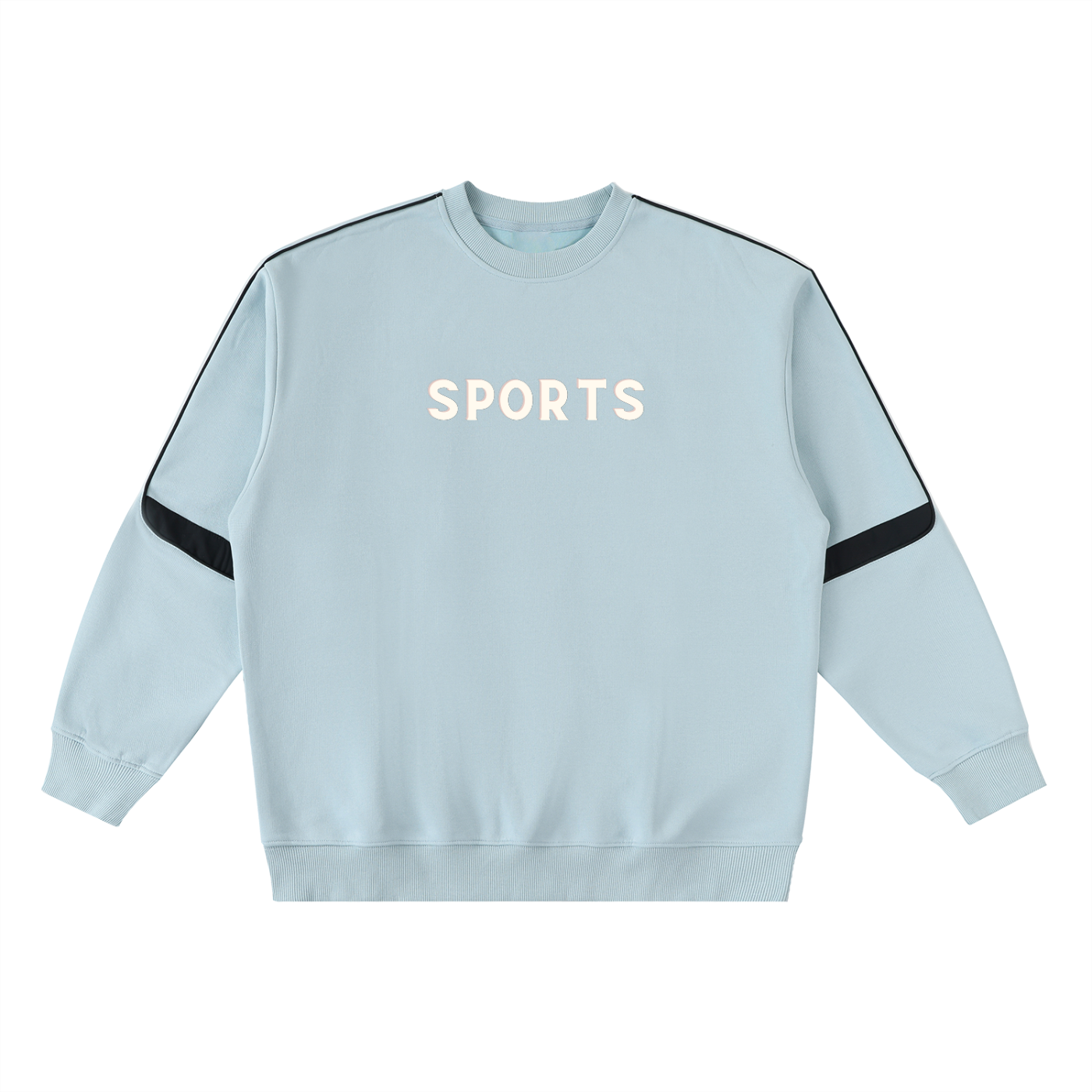 Light blue sweatshirt with black stripes and SPORTS' text on a white background