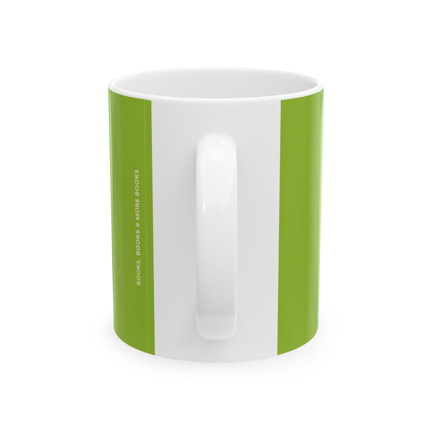 A white ceramic mug with two vertical lime green stripes on the sides and the text 'BOOKS, BOOKS & MORE BOOKS' printed in white on the left green stripe, shown on a plain white background.