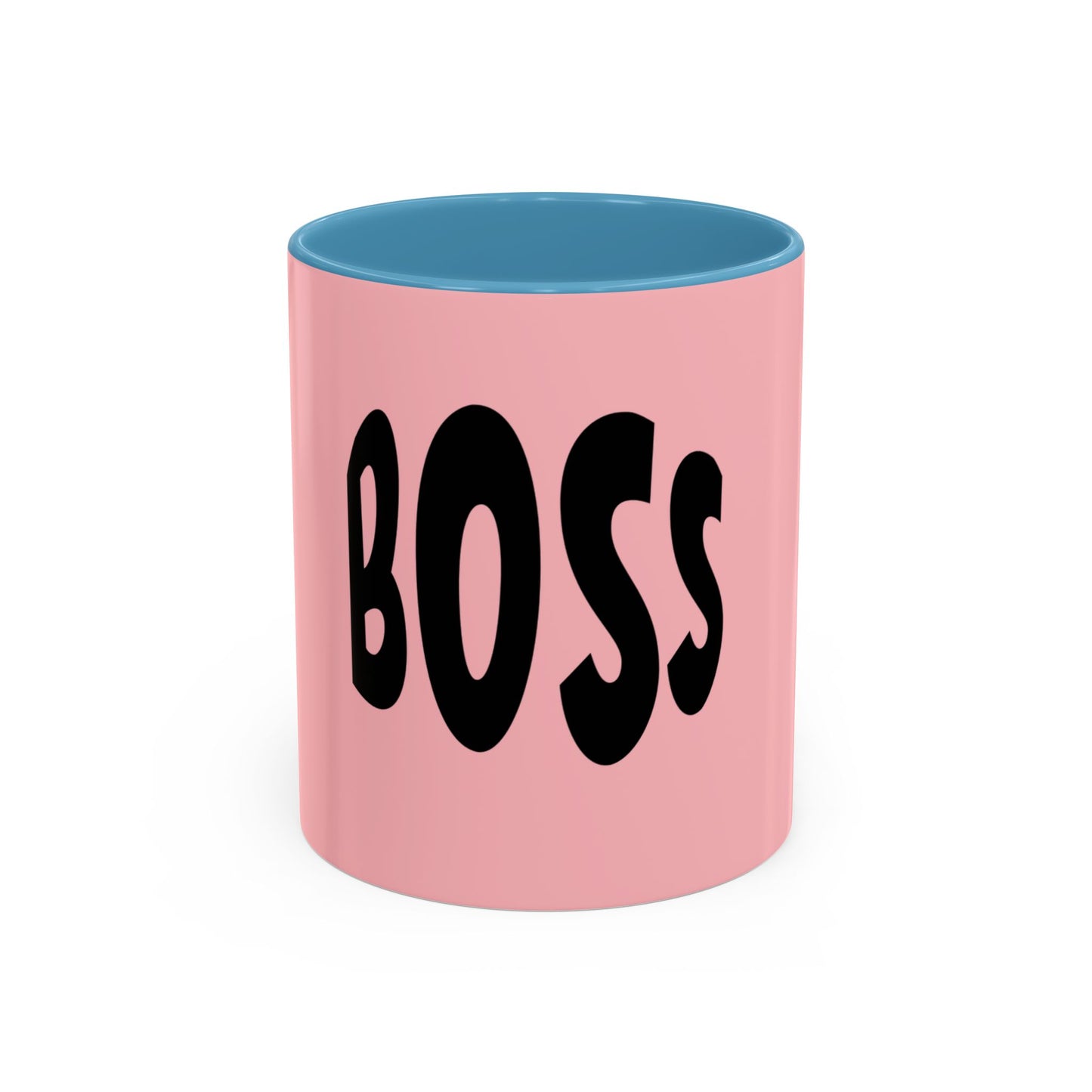 Pink mug with blue interior and 'BOSS' text on a white background