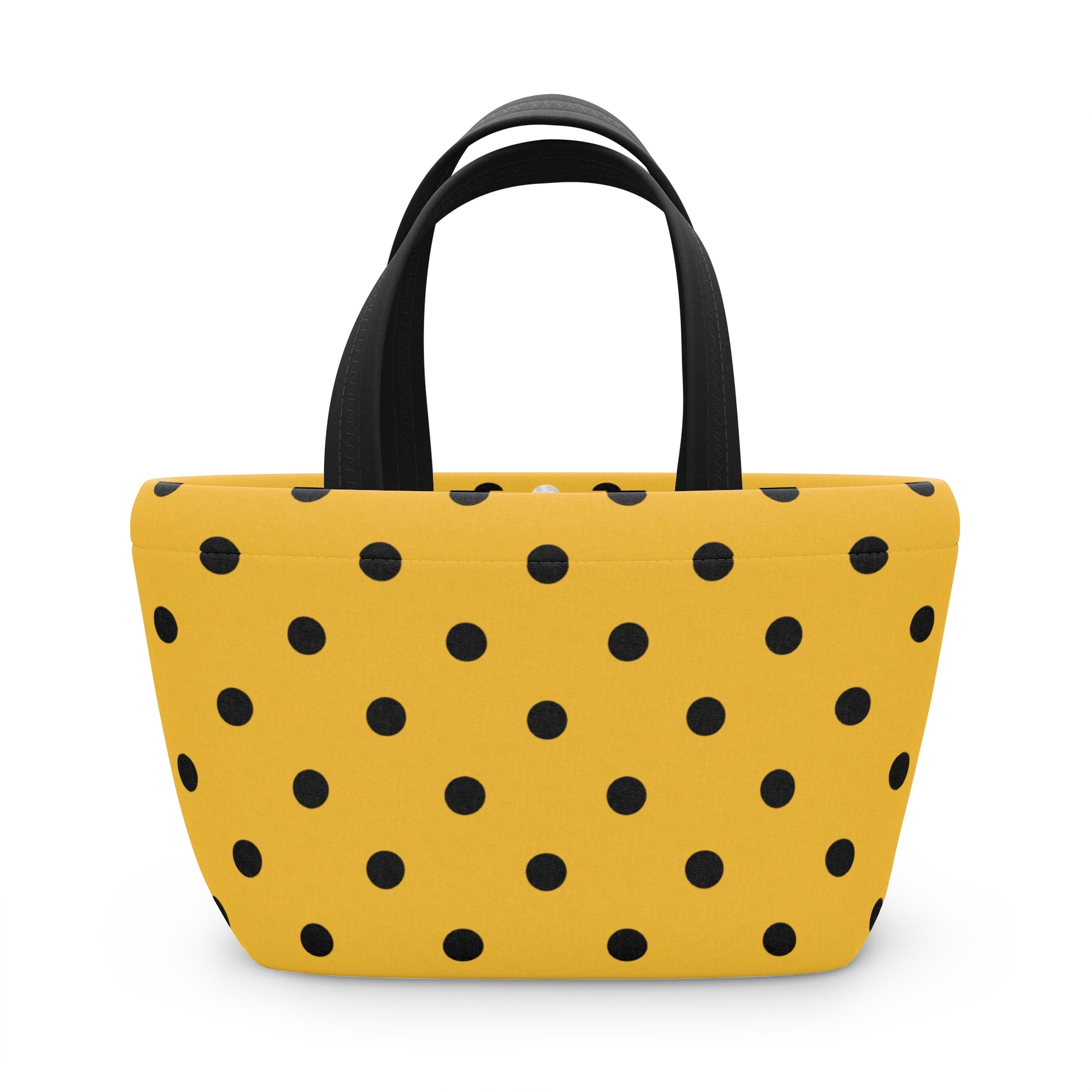 Yellow tote bag with black polka dots on a white background