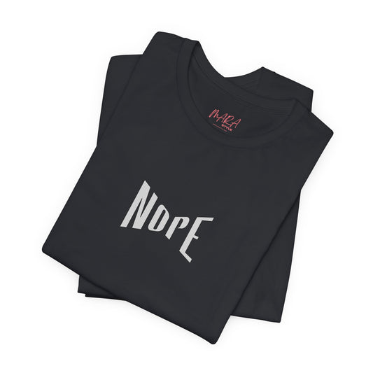 Black t-shirt with 'NOPE' text on a white background