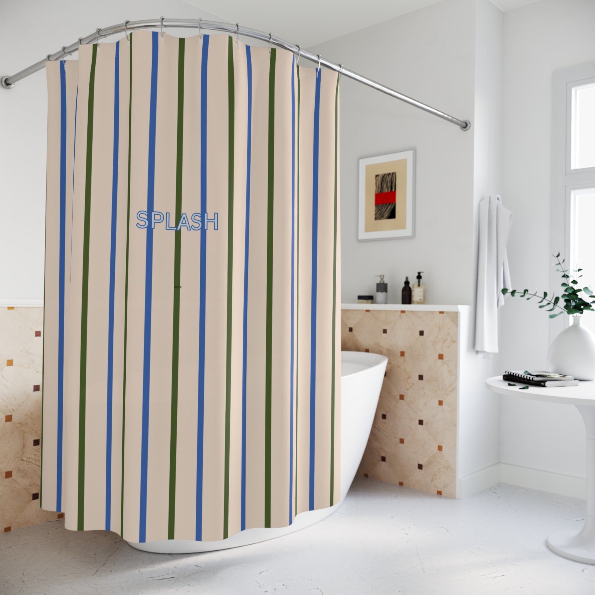 Striped shower curtain in a bathroom setting with 'Splash' branding.