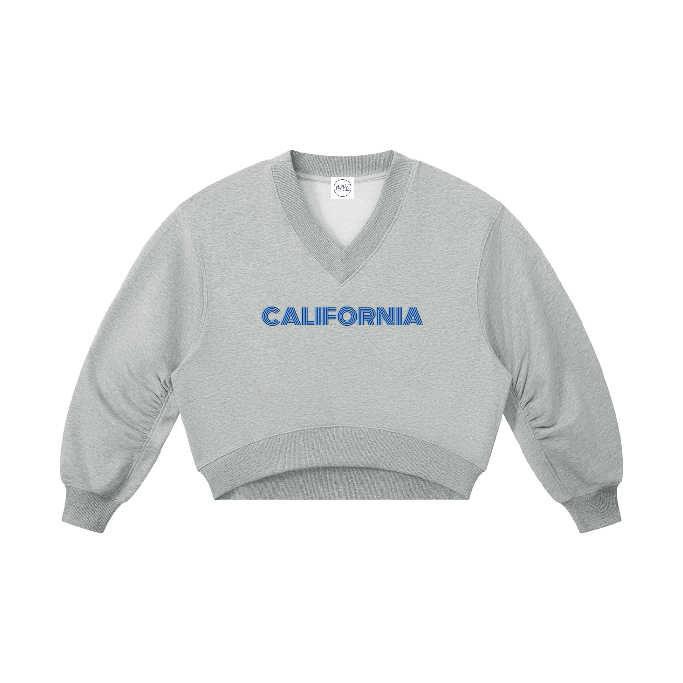 A light gray heather cropped V-neck sweatshirt with 'CALIFORNIA' printed in blue across the chest, displayed on a solid white background.