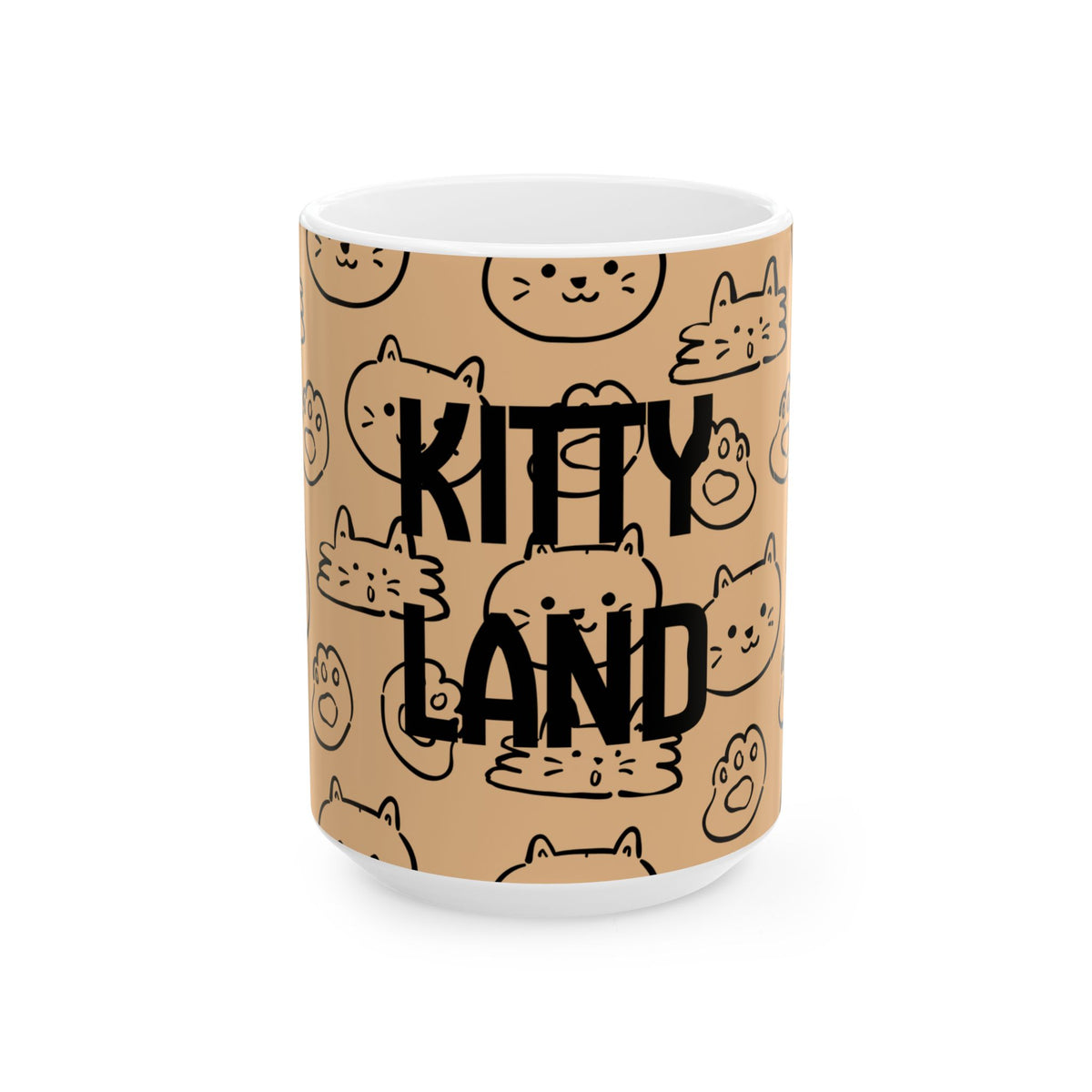 A white ceramic mug featuring a tan printed wrap with a black cat-face pattern and the words 'KITTY LAND' in large black letters, shown on a clean white background.