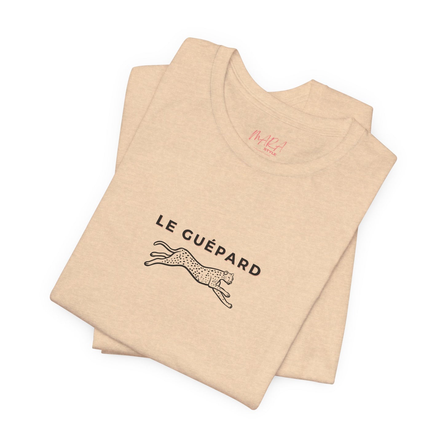 Beige t-shirt with 'Le Guépard' print on a white background